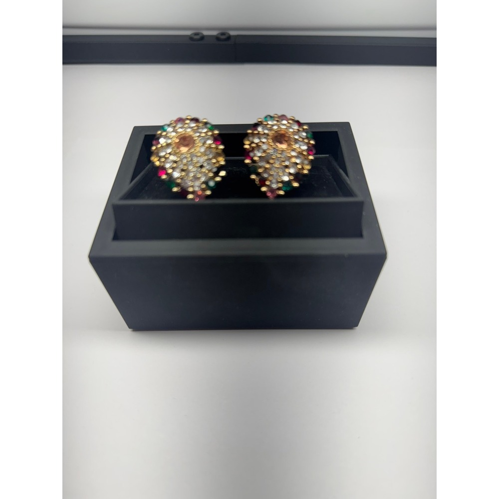 Vintage Gold Tone Multicolor Rhinestone Teardrop Cluster Cufflinks Statement